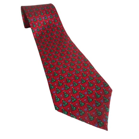 Vintage Red Green 100% Silk Mens Tie Necktie Holiday Christmas Tree - Picture 1 of 4